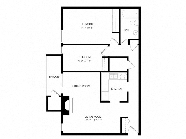 Floor plan for 2 beds, 1 bath, 845 sqft